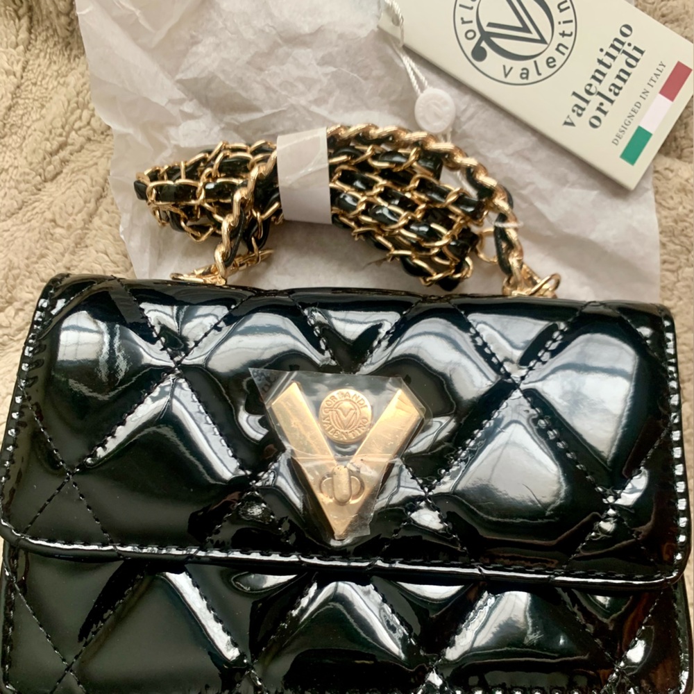 Valentino Orlandi Glossy Black and Gold Chain Clutch